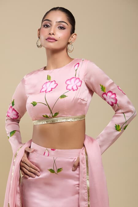 Samyukta Singhania_Pink Satin Embroidery, Lace Round Neck Padded Blouse And Hand Painted Skirt Set _at_Aza_Fashions
