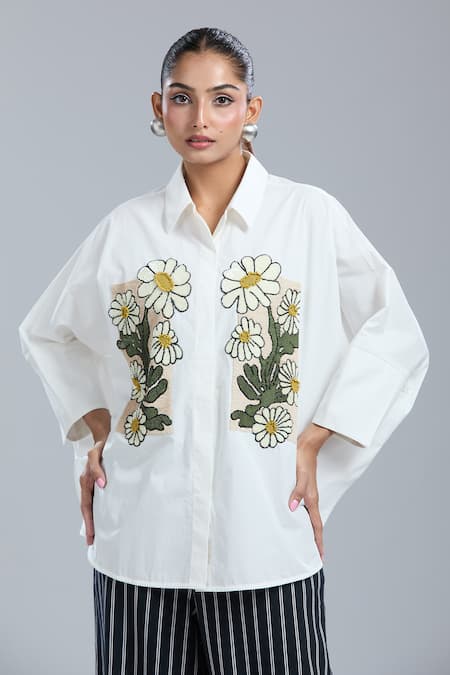 Dhruv Kapoor_White Embroidery Collared Floral Kaftan Shirt _Online_at_Aza_Fashions