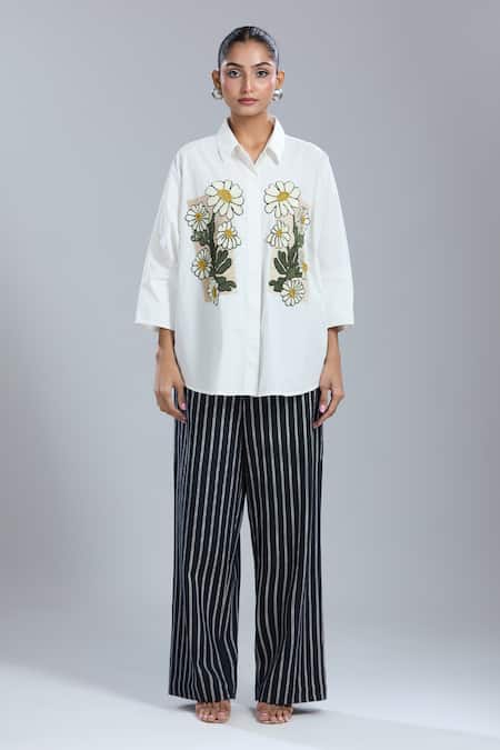 Shop_Dhruv Kapoor_White Embroidery Collared Floral Kaftan Shirt _Online_at_Aza_Fashions