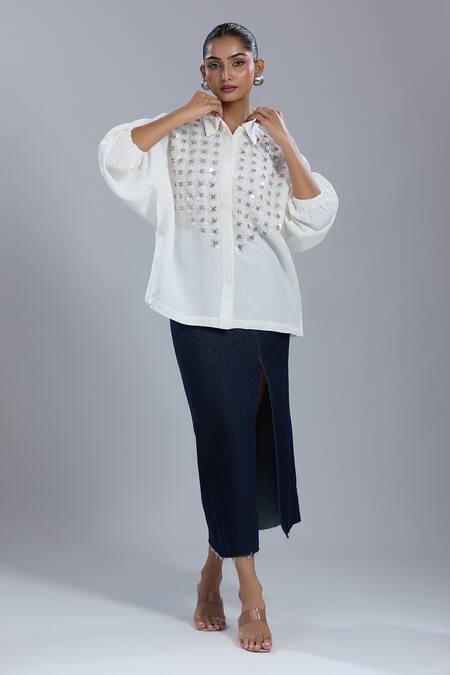 Dhruv Kapoor_White Crystals Collared Grid Batwing Shirt _Online_at_Aza_Fashions