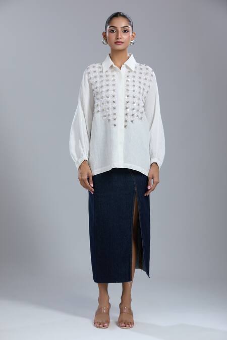Buy_Dhruv Kapoor_White Crystals Collared Grid Batwing Shirt _Online_at_Aza_Fashions