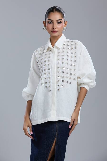 Shop_Dhruv Kapoor_White Crystals Collared Grid Batwing Shirt _Online_at_Aza_Fashions