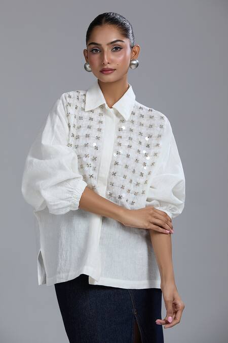 Dhruv Kapoor_White Crystals Collared Grid Batwing Shirt _at_Aza_Fashions