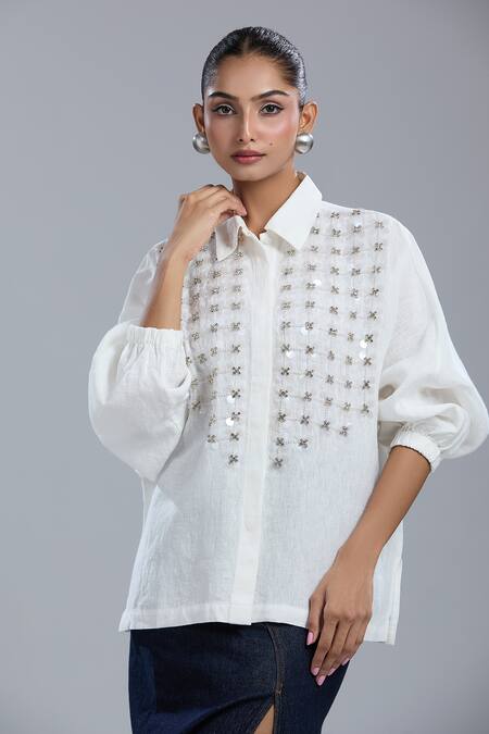 Buy_Dhruv Kapoor_White Crystals Collared Grid Batwing Shirt 