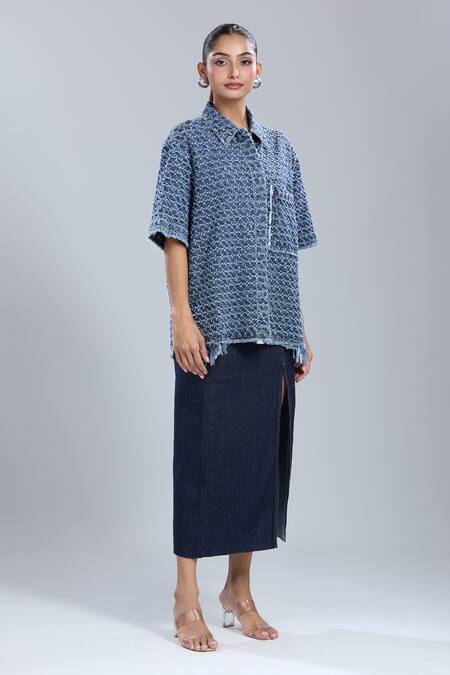 Dhruv Kapoor_Blue Collared Punctured Kimono Shirt_Online_at_Aza_Fashions