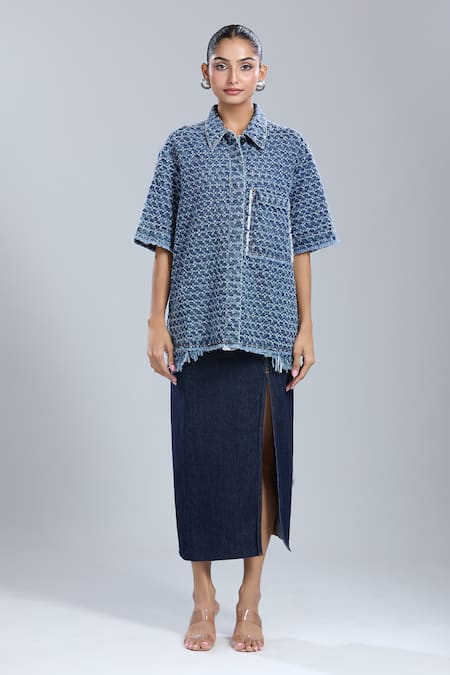 Buy_Dhruv Kapoor_Blue Collared Punctured Kimono Shirt_Online_at_Aza_Fashions