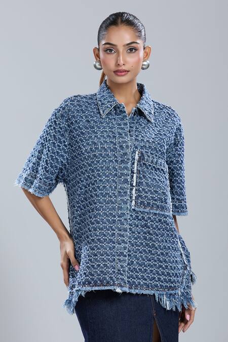 Dhruv Kapoor_Blue Collared Punctured Kimono Shirt_at_Aza_Fashions