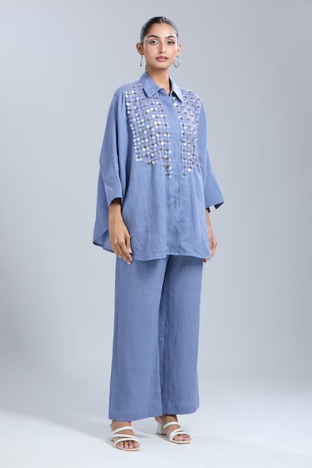 Dhruv Kapoor_Blue Sequins Collared Crystal Grid Long Shirt_Online_at_Aza_Fashions