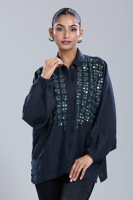 Dhruv Kapoor_Blue Crystals Collared Navy Grid Batwing Shirt _Online_at_Aza_Fashions