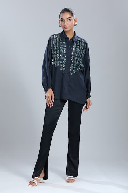 Buy_Dhruv Kapoor_Blue Crystals Collared Navy Grid Batwing Shirt _Online_at_Aza_Fashions