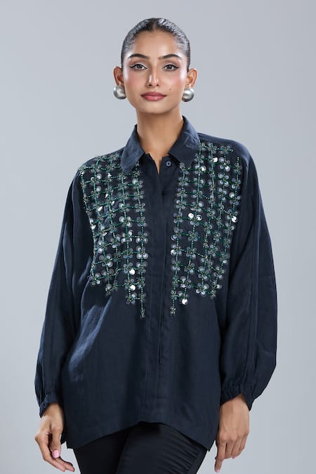 Shop_Dhruv Kapoor_Blue Crystals Collared Navy Grid Batwing Shirt _Online_at_Aza_Fashions
