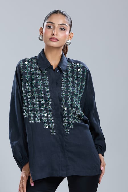 Dhruv Kapoor_Blue Crystals Collared Navy Grid Batwing Shirt _at_Aza_Fashions