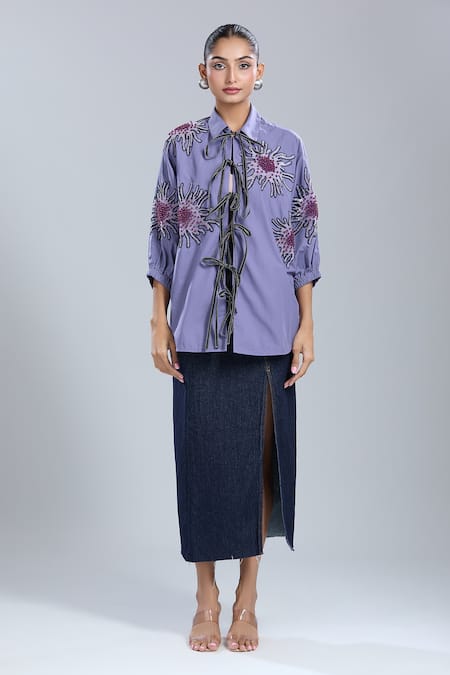 Dhruv Kapoor_Purple Embroidery Collared Lavender Batwing Shirt_Online_at_Aza_Fashions