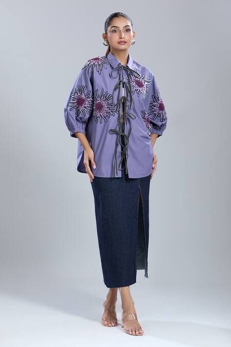 Buy_Dhruv Kapoor_Purple Embroidery Collared Lavender Batwing Shirt_Online_at_Aza_Fashions