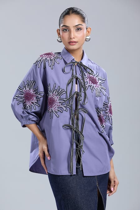 Shop_Dhruv Kapoor_Purple Embroidery Collared Lavender Batwing Shirt_Online_at_Aza_Fashions