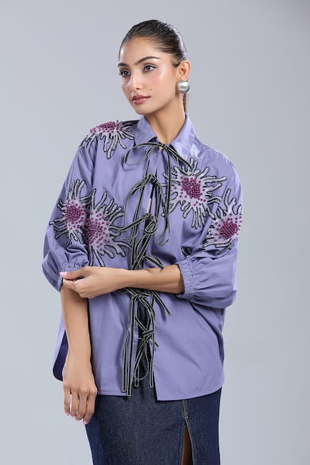 Dhruv Kapoor_Purple Embroidery Collared Lavender Batwing Shirt_at_Aza_Fashions