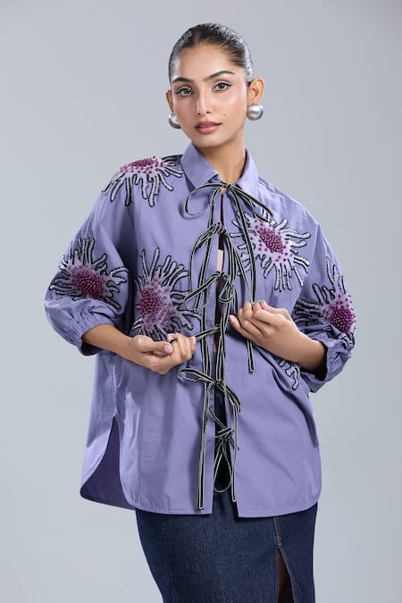 Buy_Dhruv Kapoor_Purple Embroidery Collared Lavender Batwing Shirt