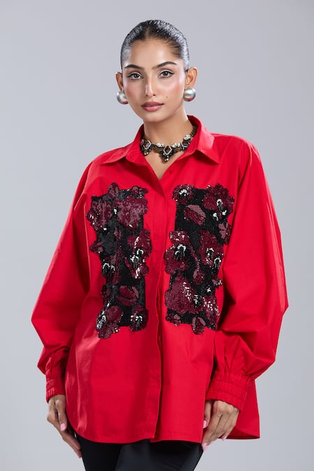 Dhruv Kapoor_Red Embroidery, Sequins Collared Double Fresco Batwing Shirt_Online_at_Aza_Fashions