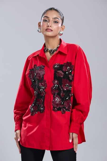Buy_Dhruv Kapoor_Red Embroidery, Sequins Collared Double Fresco Batwing Shirt_Online_at_Aza_Fashions