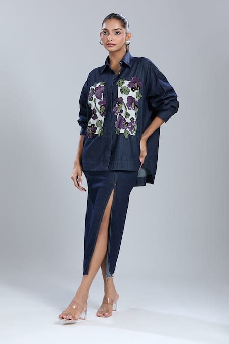 Dhruv Kapoor Blue Denim Embroidery Collared Double Fresco Shirt Online at Aza Fashions Dhruv Kapoor_Blue Denim Embroidery Collared Double Fresco Shirt _Online_at_Aza_Fashions