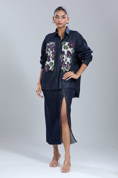 Buy Dhruv Kapoor Blue Denim Embroidery Collared Double Fresco Shirt Online at Aza Fashions Buy_Dhruv Kapoor_Blue Denim Embroidery Collared Double Fresco Shirt _Online_at_Aza_Fashions