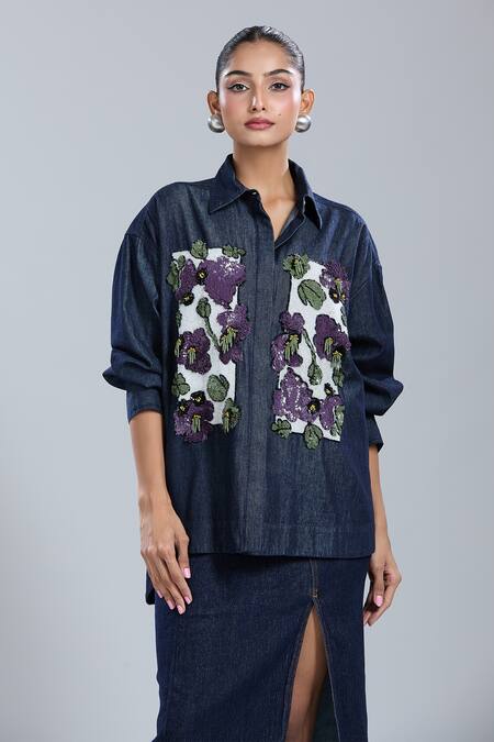 Dhruv Kapoor Blue Denim Embroidery Collared Double Fresco Shirt at Aza Fashions Dhruv Kapoor_Blue Denim Embroidery Collared Double Fresco Shirt _at_Aza_Fashions