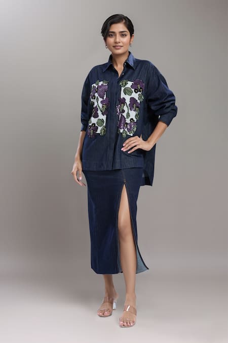 Dhruv Kapoor Blue Denim Embroidery Collared Double Fresco Shirt