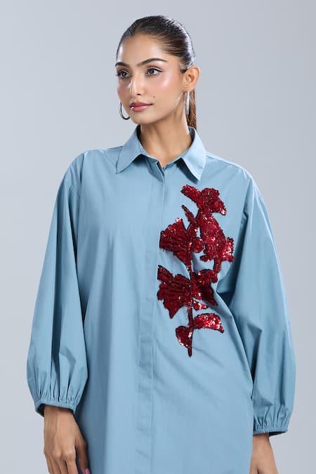 Dhruv Kapoor_Blue Sequins Collared Stem Shirt Dress _Online_at_Aza_Fashions