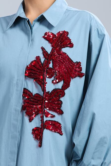 Shop_Dhruv Kapoor_Blue Sequins Collared Stem Shirt Dress _Online_at_Aza_Fashions