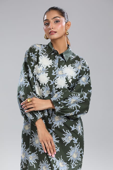 Dhruv Kapoor_Multi Color Embroidery Collared Luminous Shirt Dress _Online_at_Aza_Fashions