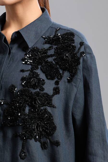 Dhruv Kapoor_Black Beads Collared Double Fresco Shirt Dress _Online_at_Aza_Fashions