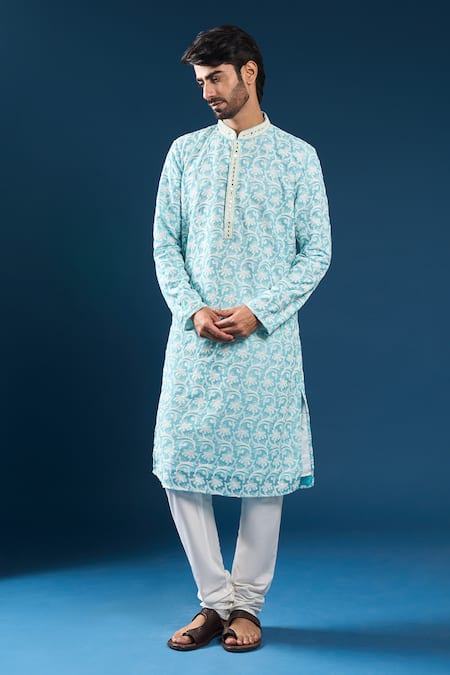 Arihant Rai Sinha Chikankari Firozi Blue Kurta & Pyjama Set 