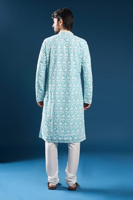 Arihant Rai Sinha Chikankari Firozi Blue Kurta & Pyjama Set 