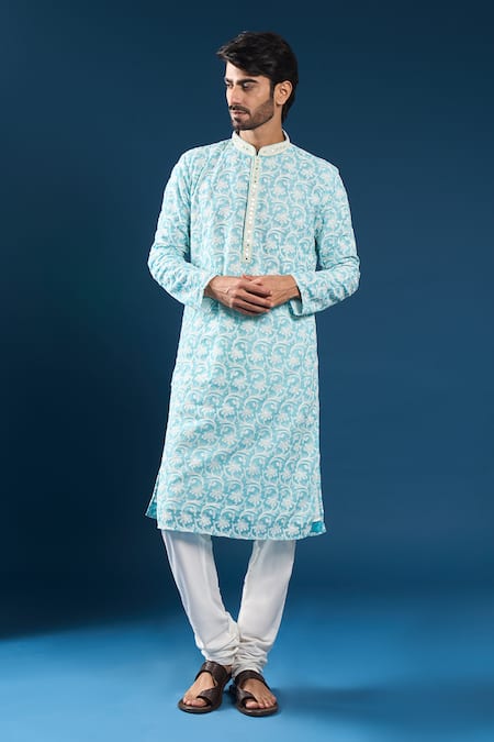 Buy_Arihant Rai Sinha_Turquoise Georgette, Polyester, Cotton Chikankari Firozi Blue Kurta And Pyjama Set _Online_at_Aza_Fashions
