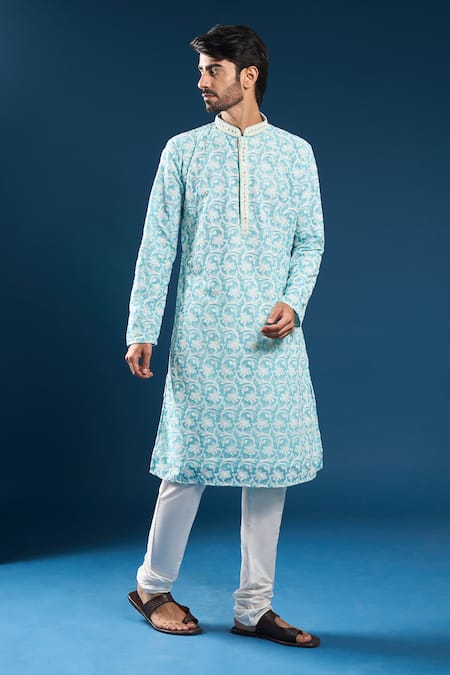 Shop_Arihant Rai Sinha_Turquoise Georgette, Polyester, Cotton Chikankari Firozi Blue Kurta And Pyjama Set _Online_at_Aza_Fashions