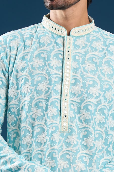 Arihant Rai Sinha_Turquoise Georgette, Polyester, Cotton Chikankari Firozi Blue Kurta And Pyjama Set _at_Aza_Fashions