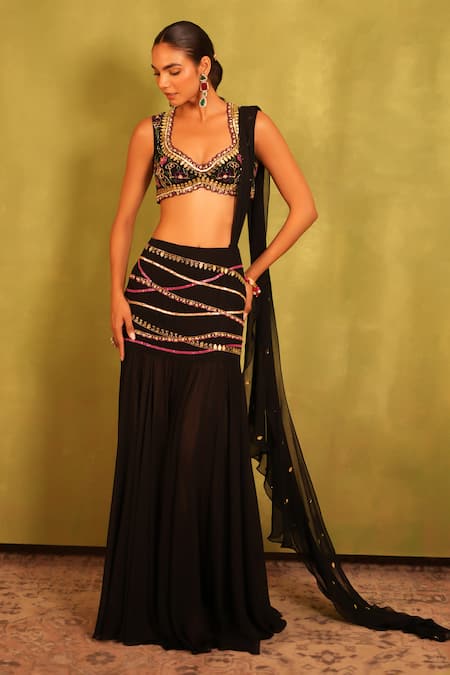 Kiran Kalsi_Black Georgette Embroidery, Sequins Round Neck Hand Blouse And Saree Set _Online_at_Aza_Fashions