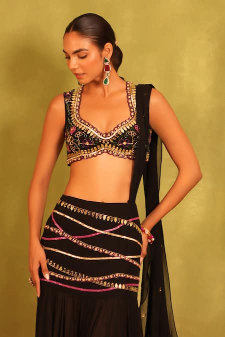 Buy_Kiran Kalsi_Black Georgette Embroidery, Sequins Round Neck Hand Blouse And Saree Set _Online_at_Aza_Fashions