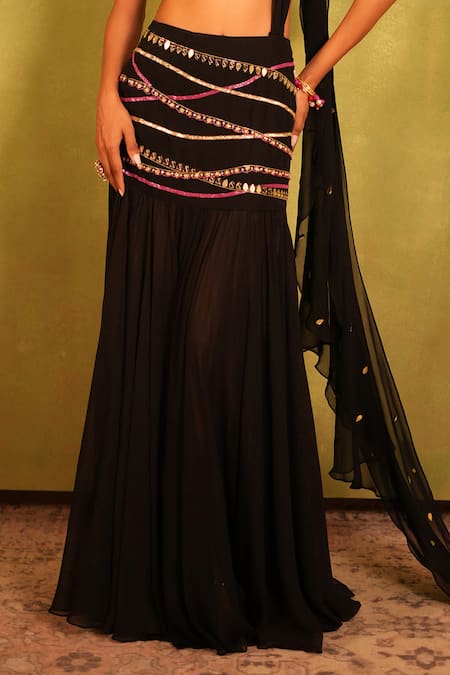 Shop_Kiran Kalsi_Black Georgette Embroidery, Sequins Round Neck Hand Blouse And Saree Set _Online_at_Aza_Fashions