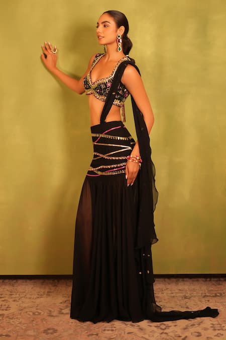 Kiran Kalsi_Black Georgette Embroidery, Sequins Round Neck Hand Blouse And Saree Set _at_Aza_Fashions