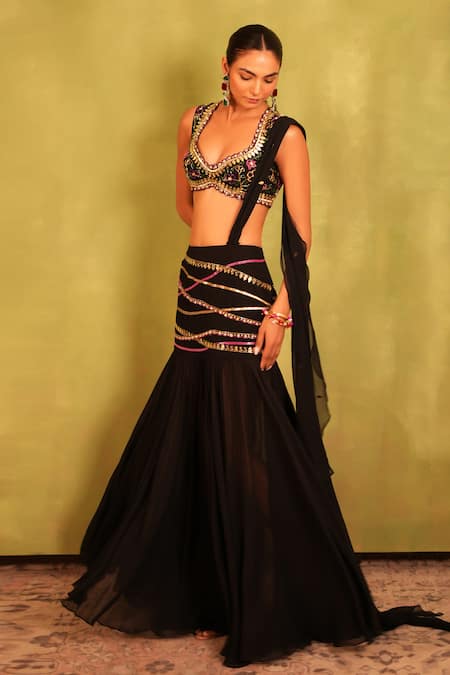 Buy_Kiran Kalsi_Black Georgette Embroidery, Sequins Round Neck Hand Blouse And Saree Set 