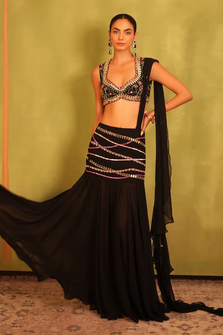 Shop_Kiran Kalsi_Black Georgette Embroidery, Sequins Round Neck Hand Blouse And Saree Set 