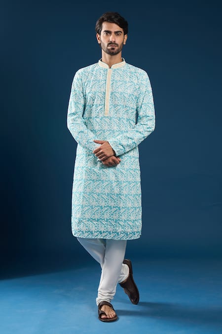 Arihant Rai Sinha Chikankari Firozi Blue Kurta Set 