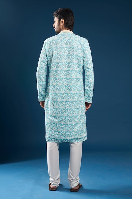 Arihant Rai Sinha Chikankari Firozi Blue Kurta Set 