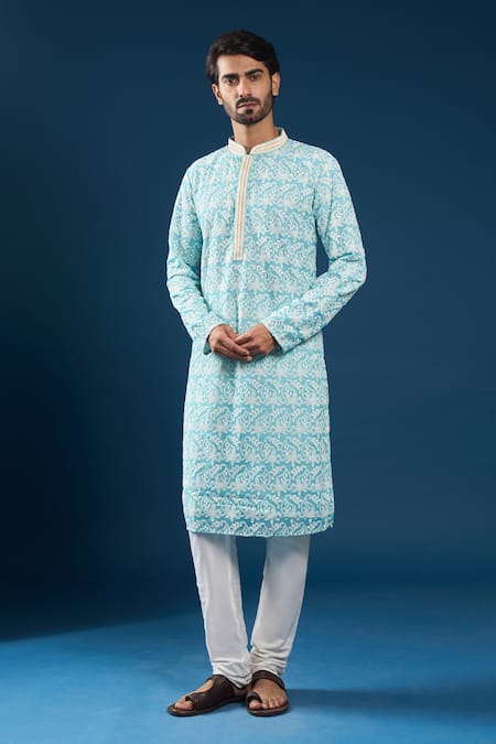 Buy_Arihant Rai Sinha_Blue Georgette, Polyester, Cotton Embroidery Chikankari Firozi Kurta Set _Online_at_Aza_Fashions