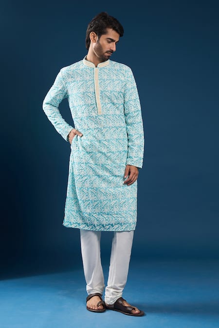 Shop_Arihant Rai Sinha_Blue Georgette, Polyester, Cotton Embroidery Chikankari Firozi Kurta Set _Online_at_Aza_Fashions