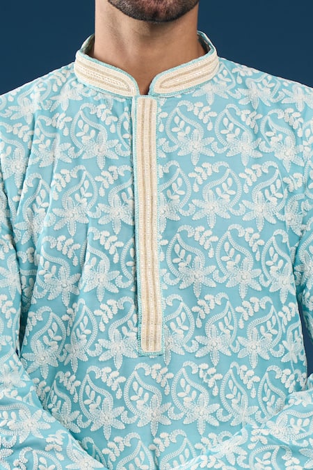 Arihant Rai Sinha_Blue Georgette, Polyester, Cotton Embroidery Chikankari Firozi Kurta Set _at_Aza_Fashions