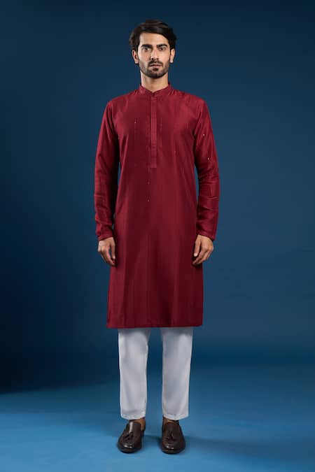 Buy_Arihant Rai Sinha_Maroon Cotton, Silk Kurta Set _Online_at_Aza_Fashions
