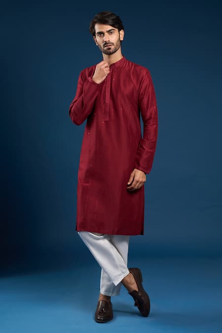 Buy_Arihant Rai Sinha_Maroon Cotton, Silk Kurta Set 