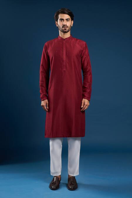 Shop_Arihant Rai Sinha_Maroon Cotton, Silk Kurta Set 